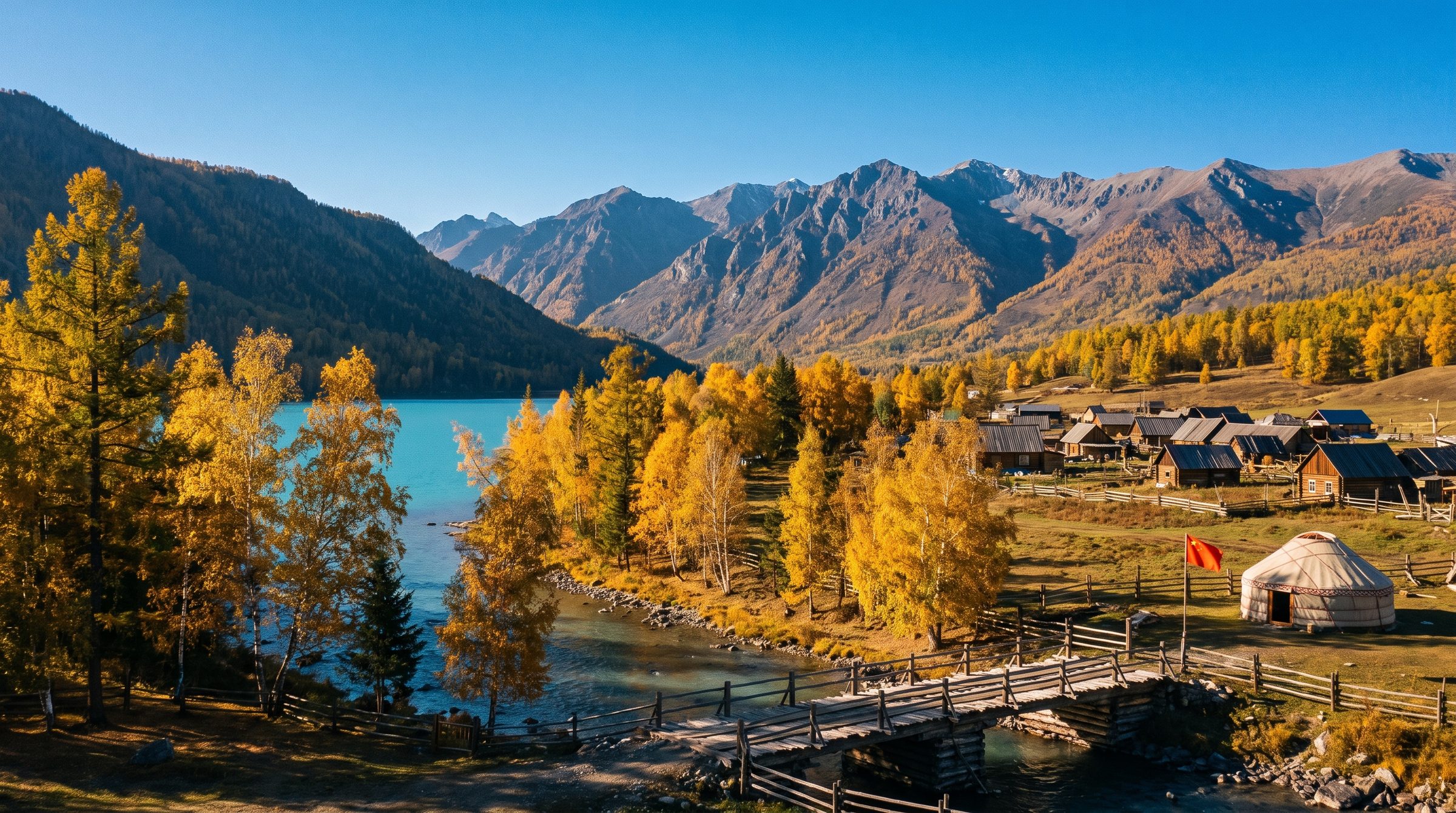 Golden birch forest at Kanas Lake in Altay Mountains, Xinjiang, with snow-capped peaks reflected in turquoise water at sunrise
